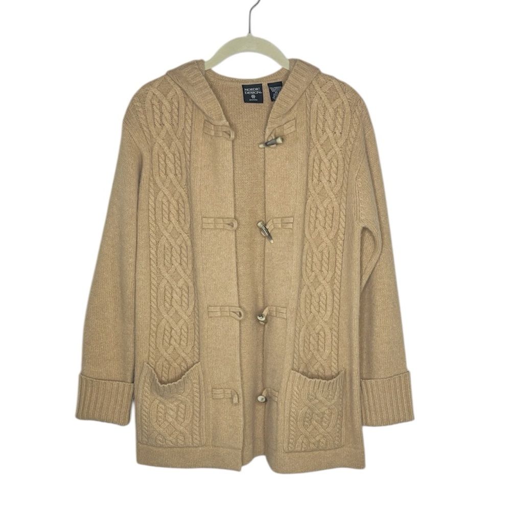Nordic Design Petite Toggle Front Hooded Tan Fisherman’s Sweater size PS
